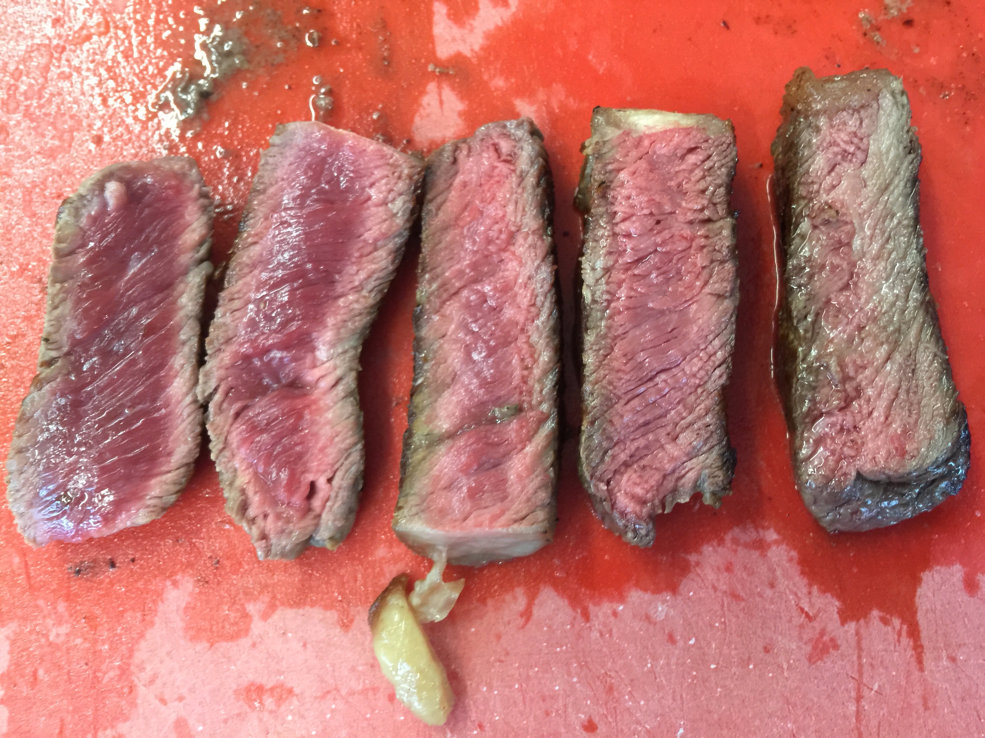 Various stages of cooked steak
